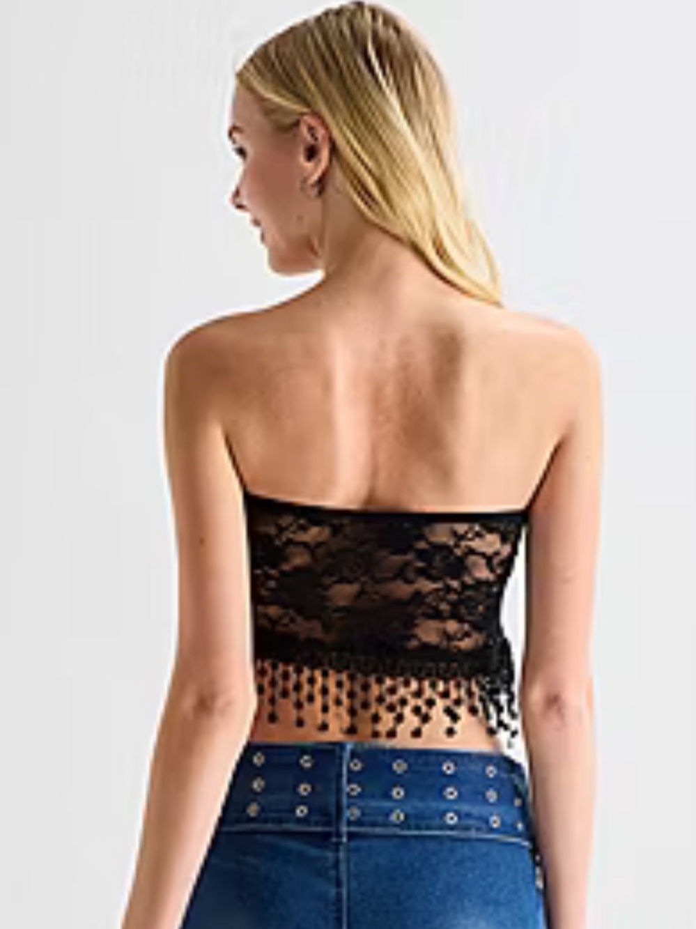 NWT!! Forever 21 Black Lace Fringe Strapless Crop - Picture 3 of 5